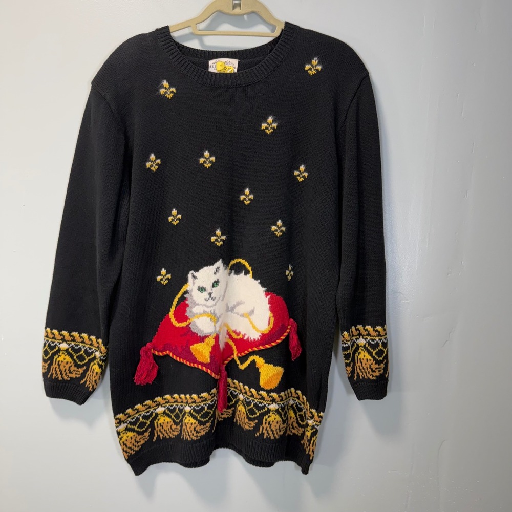 Vintage 1993 Susan Bristol White Cat on Red Pillow Tassel Sweater Large Black